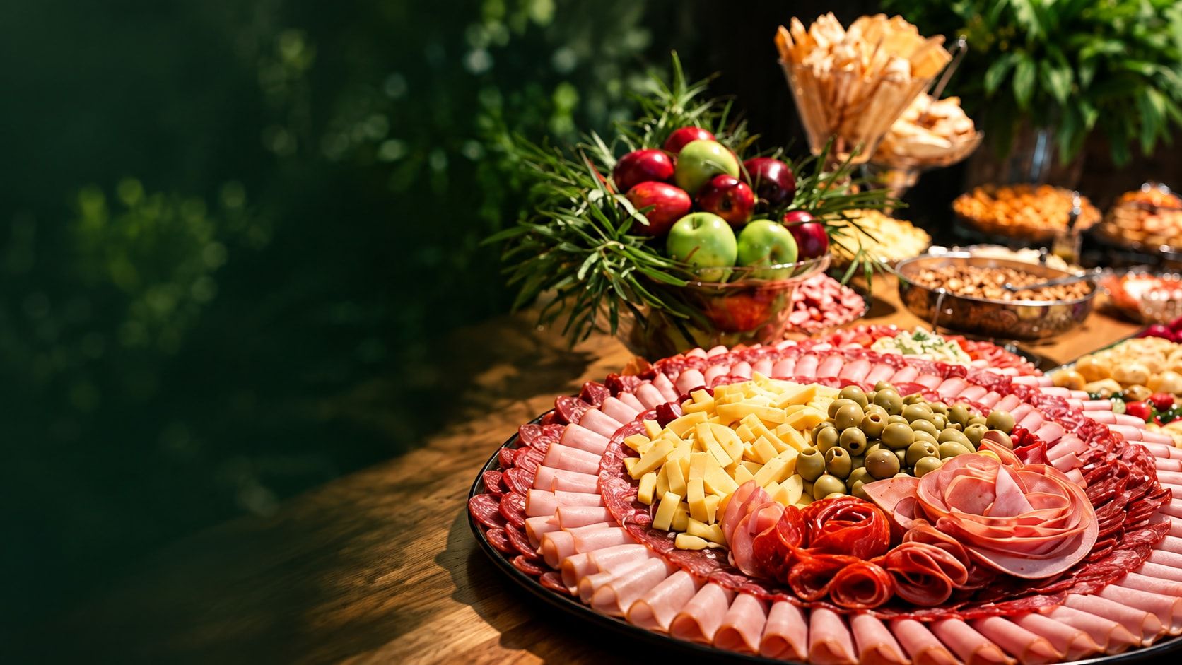 Mesa de frios do Buffet Belladata: bandeja de presunto, salame, queijo e azeitonas, com frutas e petiscos ao fundo